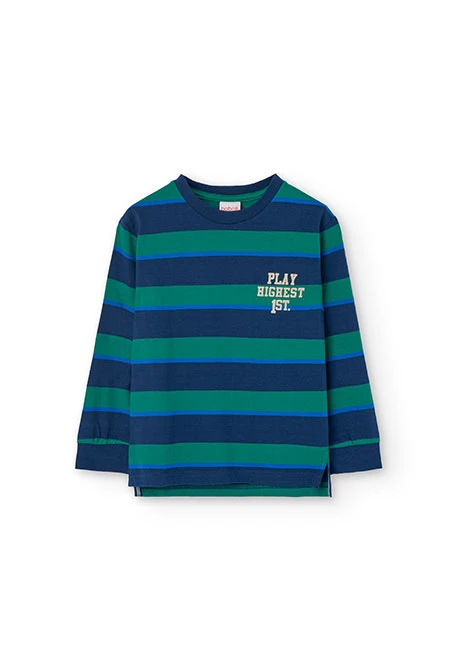 Boy\'s cotton T-shirt striped in green and navy blue