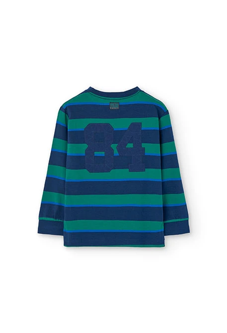 Boy\'s cotton T-shirt striped in green and navy blue