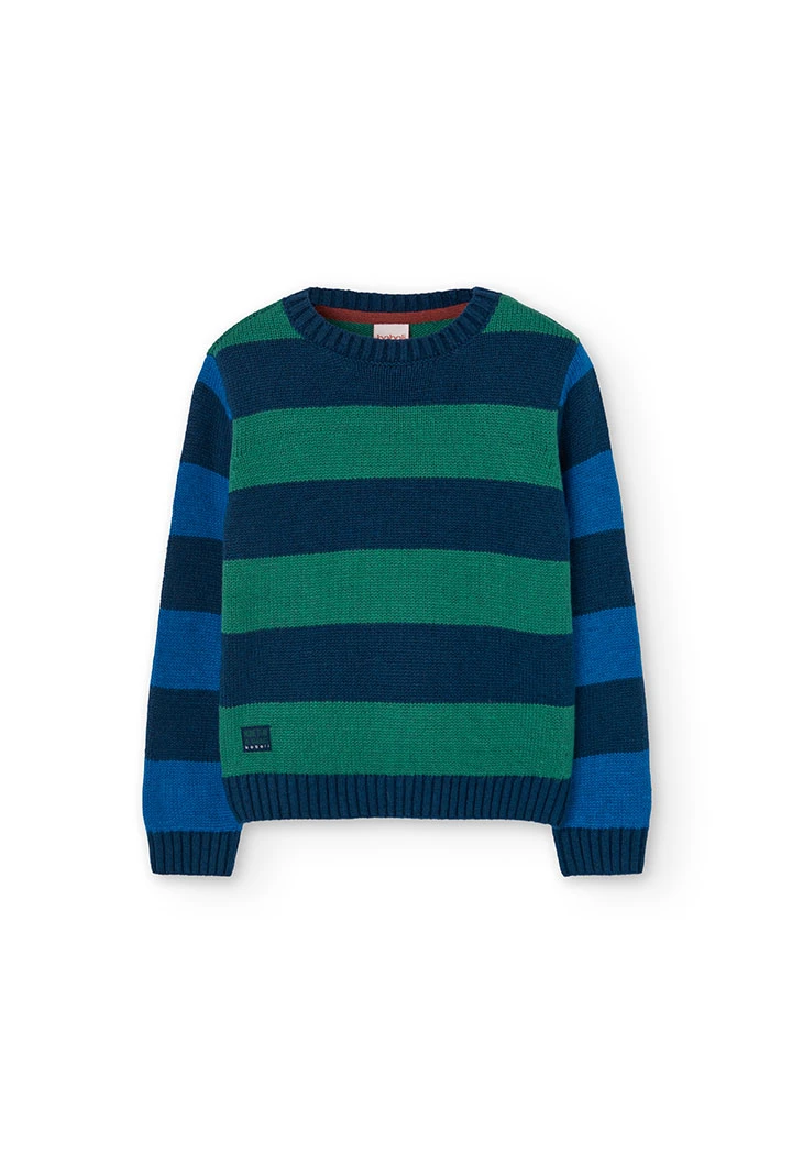 Knitted jumper for boys, striped in navy blue and green