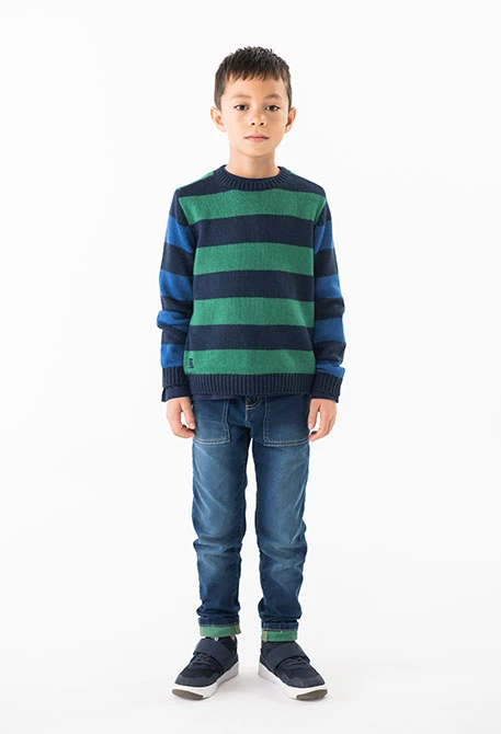 Knitted jumper for boys, striped in navy blue and green