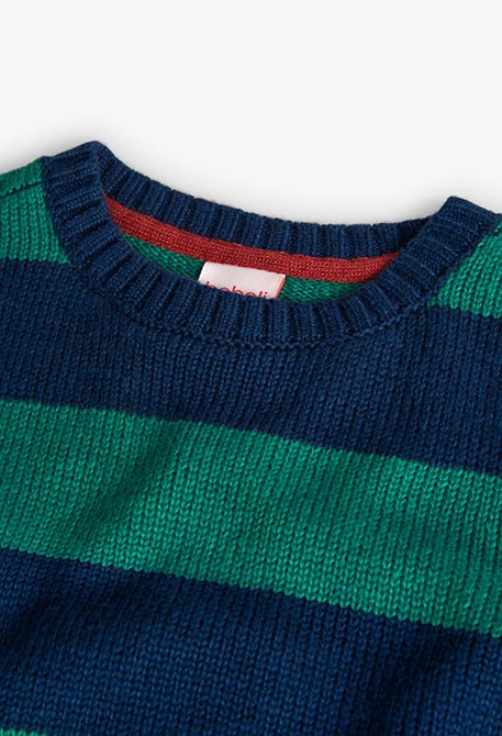 Knitted jumper for boys, striped in navy blue and green