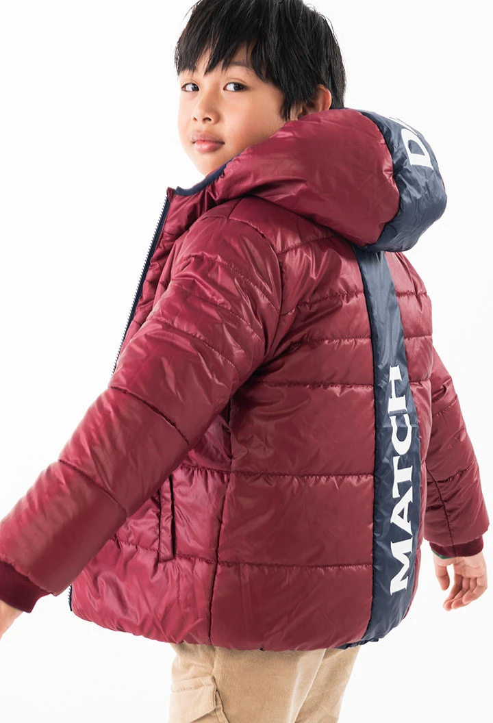 Reversible parka for boys in navy blue and red