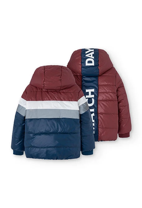 Reversible parka for boys in navy blue and red