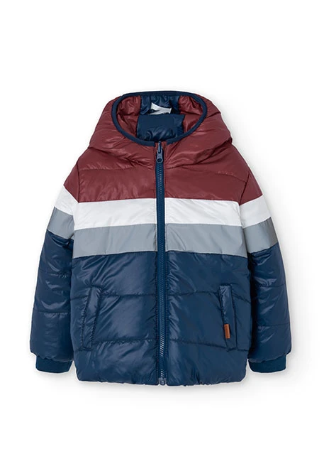 Reversible parka for boys in navy blue and red