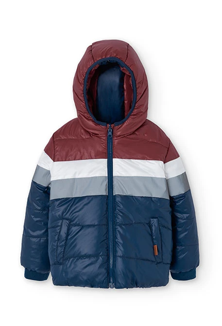 Reversible parka for boys in navy blue and red