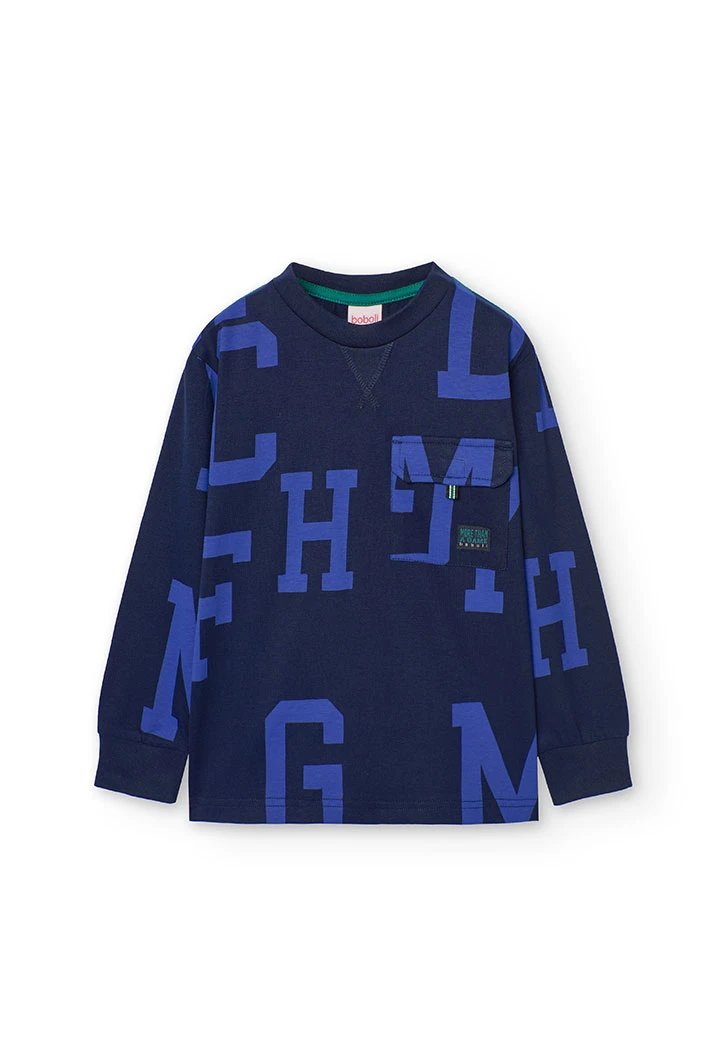 Camiseta de algodón de niño con estampado de letras en azul marino