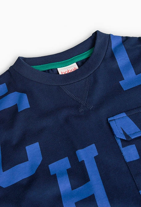 Camiseta de algodón de niño con estampado de letras en azul marino