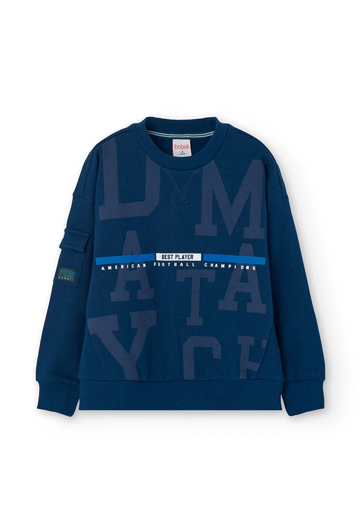 Navy blue letter print fleece sweatshirt for boys