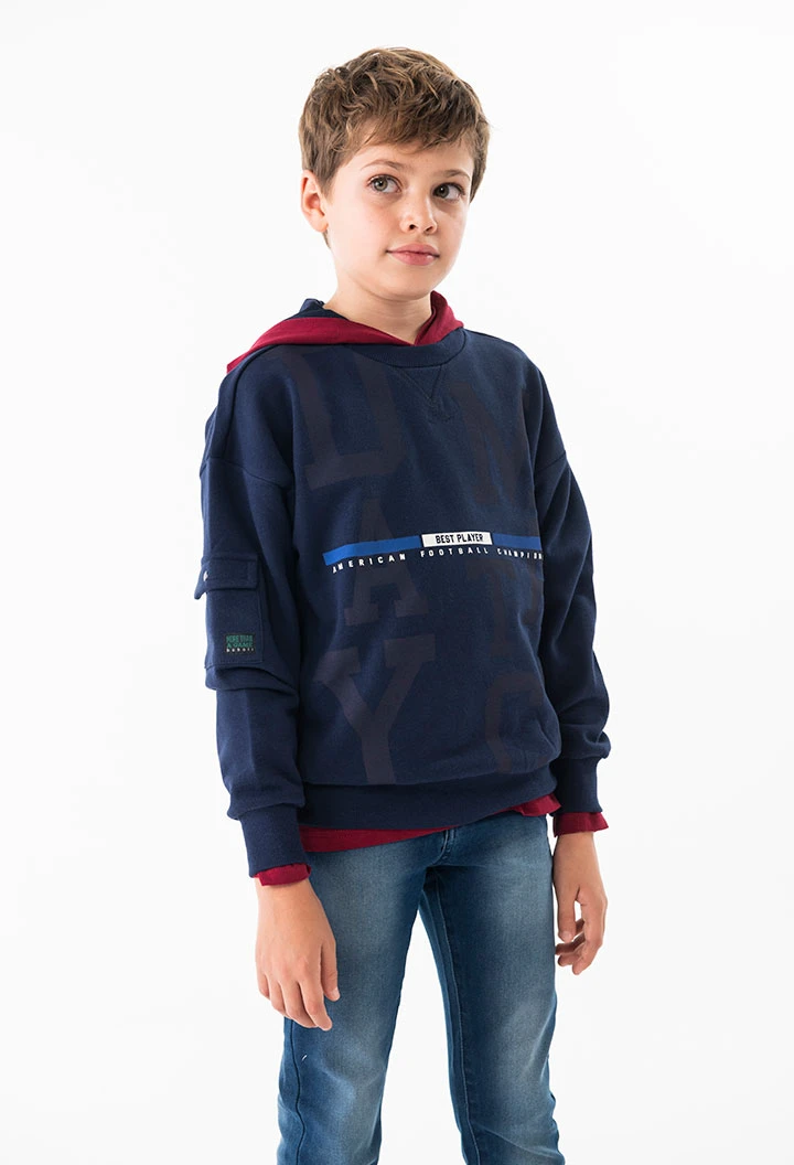 Sudadera de felpa de niño estampado de letras en azul marino