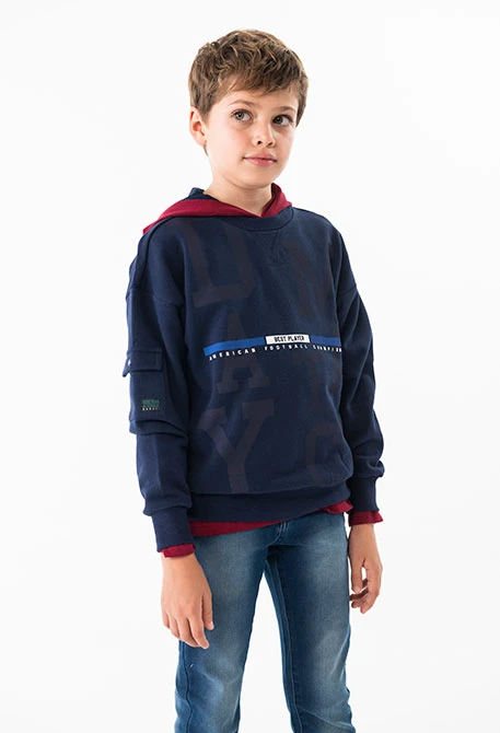 Navy blue letter print fleece sweatshirt for boys