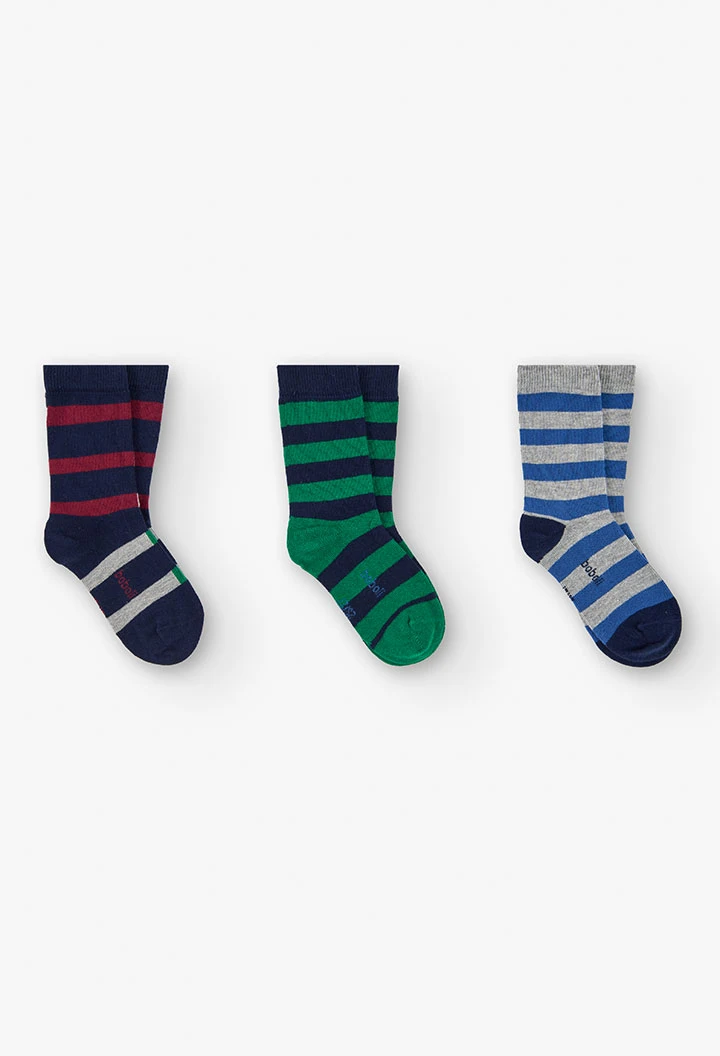 Lot  de trois paires chaussettes pour enfant rayées en bleu marine