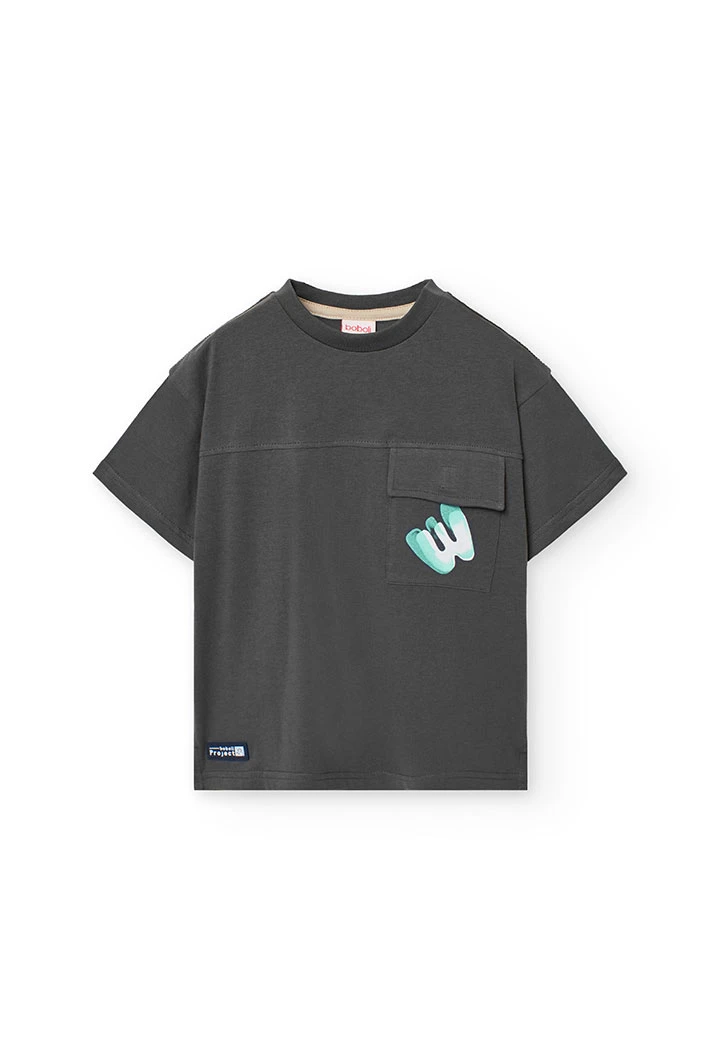 T-shirt in maglia per bambino in grigio con taschino