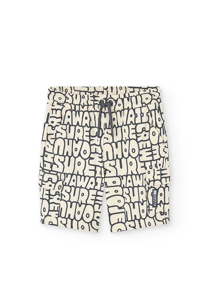 Knit shorts for boy with cream-coloured print