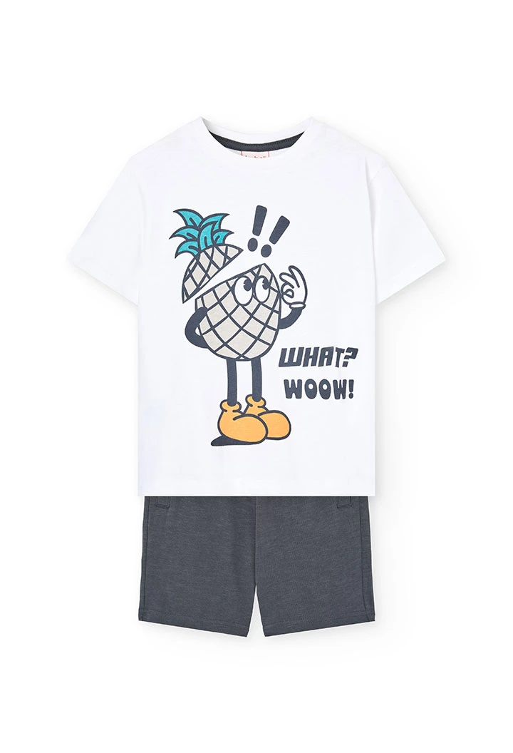 Boys\' knit set consisting of a white T-shirt and grey shorts.