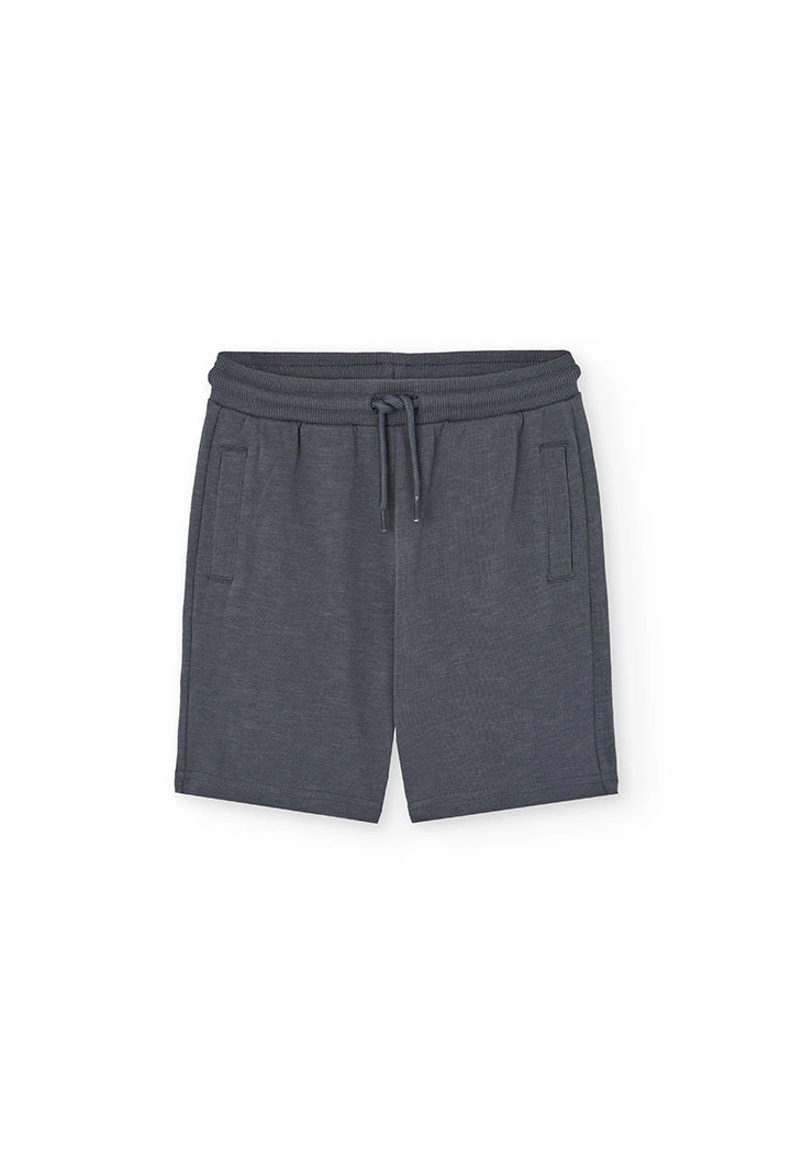 Boys\' knit set consisting of a white T-shirt and grey shorts.