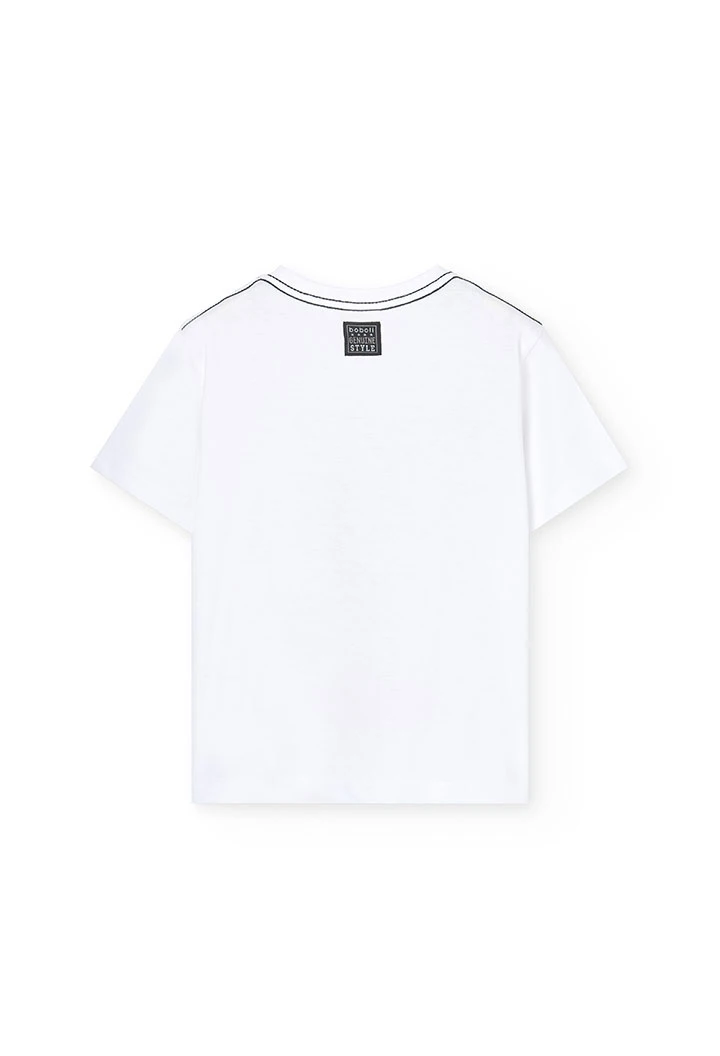 Boys\' knit set consisting of a white T-shirt and grey shorts.