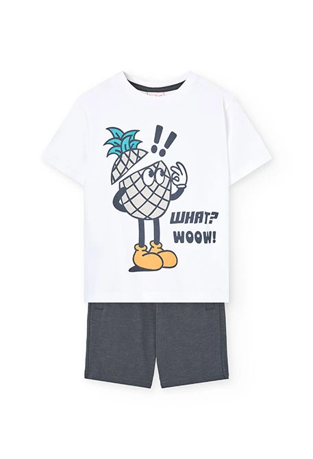 Jungen-Strickset: T-Shirt in Weiß und Bermudas in Grau