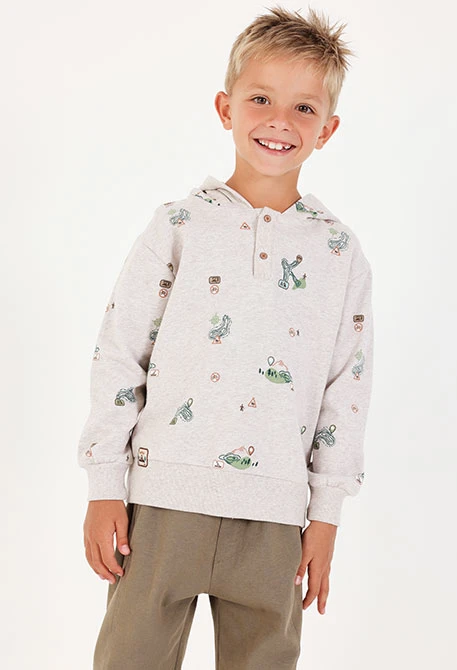 Sweatshirt em felpa para menino bege com estampado de aventura