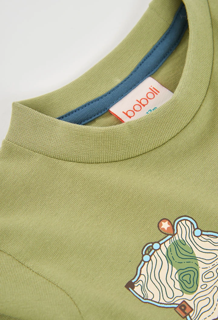 Camiseta punto niño verde estampado oso aventura