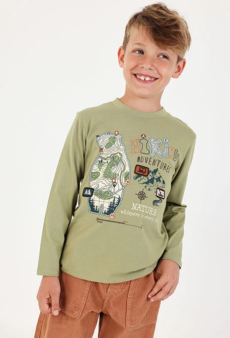 T-shirt en maille garçon vert imprimé ours aventure