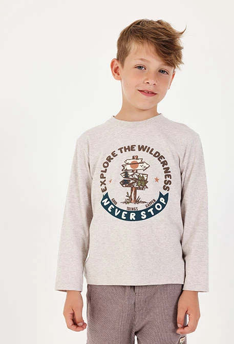 Beige adventure print knitted boy\'s T-shirt
