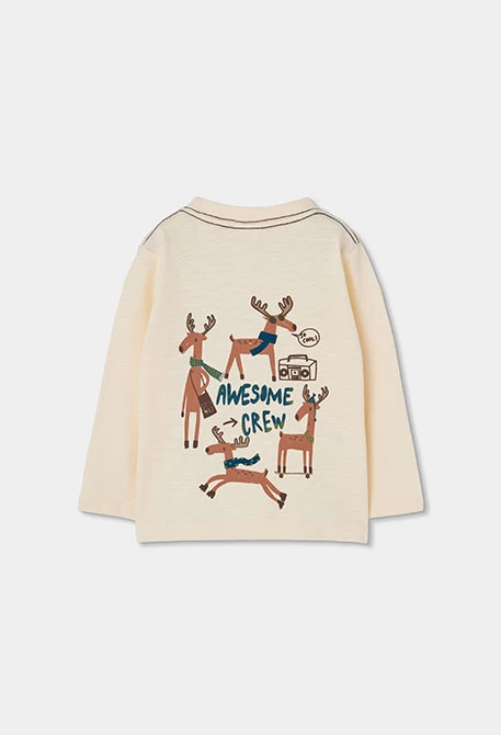 Cream knitted boy\'s T-shirt with parachute reindeer