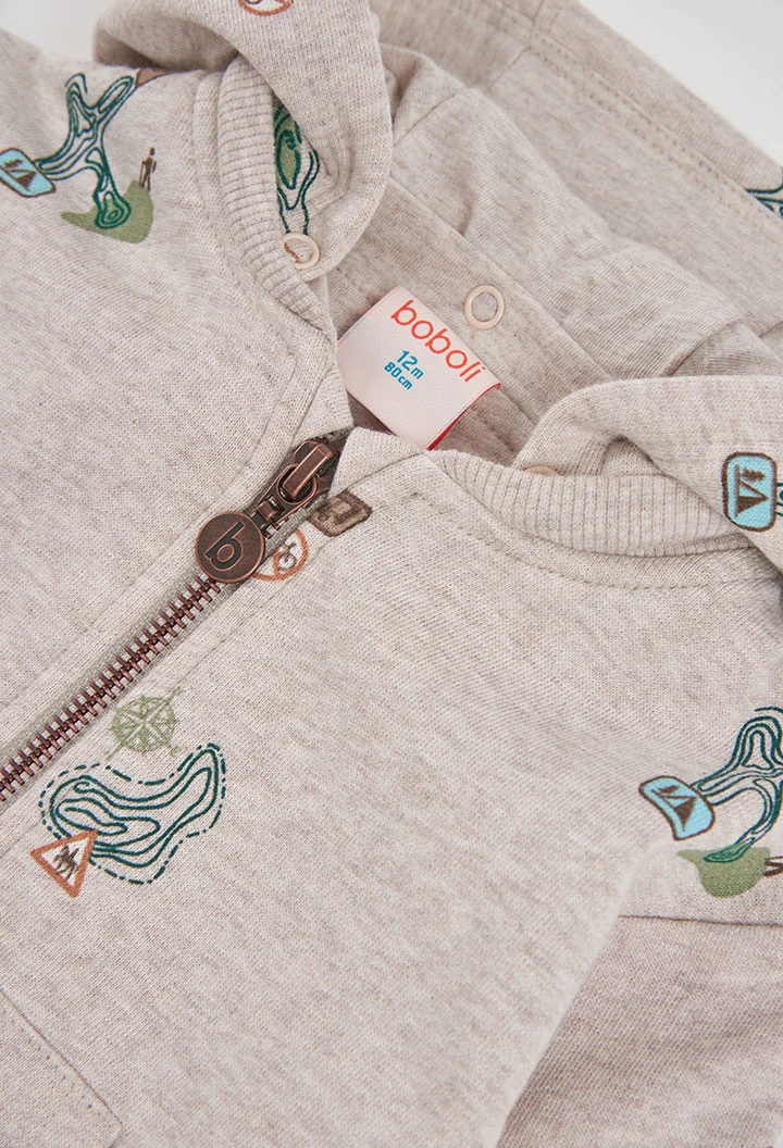 Chaqueta felpa niño beige estampado aventura