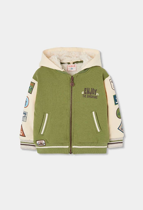 Fleece-Jacke Junge grün mit Abenteuer-Patches