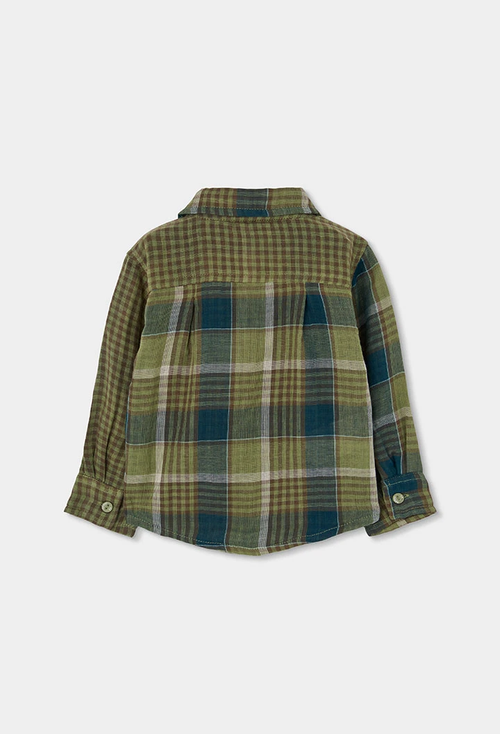 Camisa aos quadrados verde menino com patch de montanha