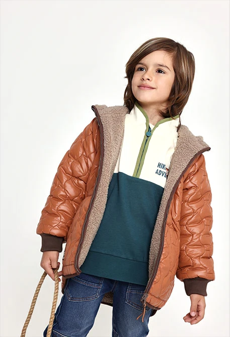 Parka tejido técnico reversible niño marrón