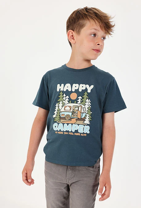 Maglietta in maglia bambino verde stampa camper