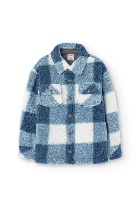 Sheepskin shirt for boys with white and blue checks