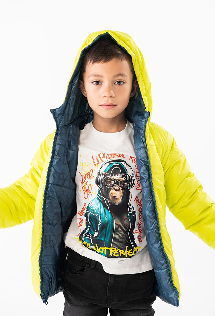 Parka reversible para niño estampado en color verde oscuro