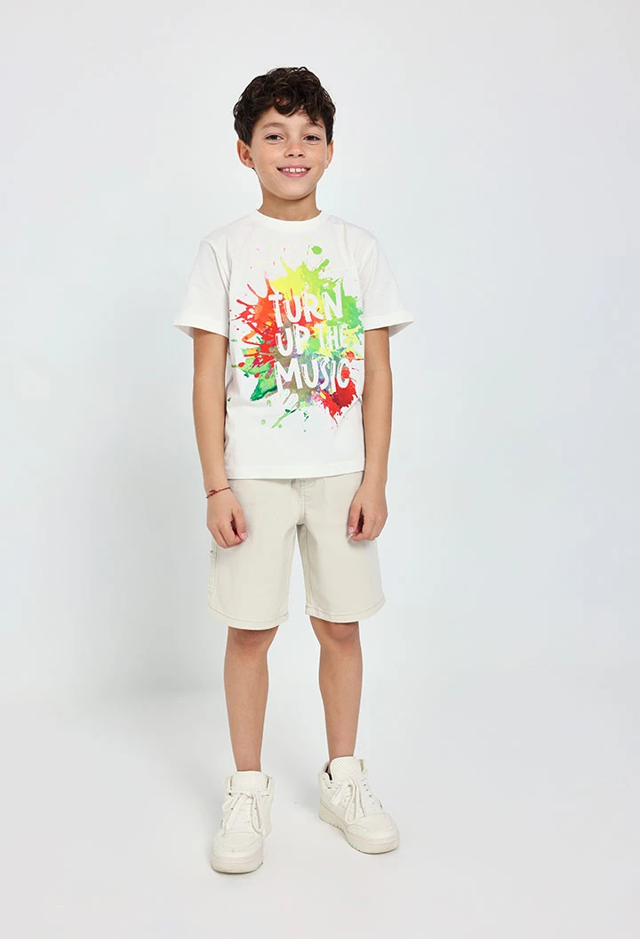 Elastic twill Bermuda shorts for boys in beige colour