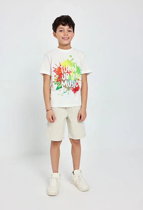 Elastic twill Bermuda shorts for boys in beige colour