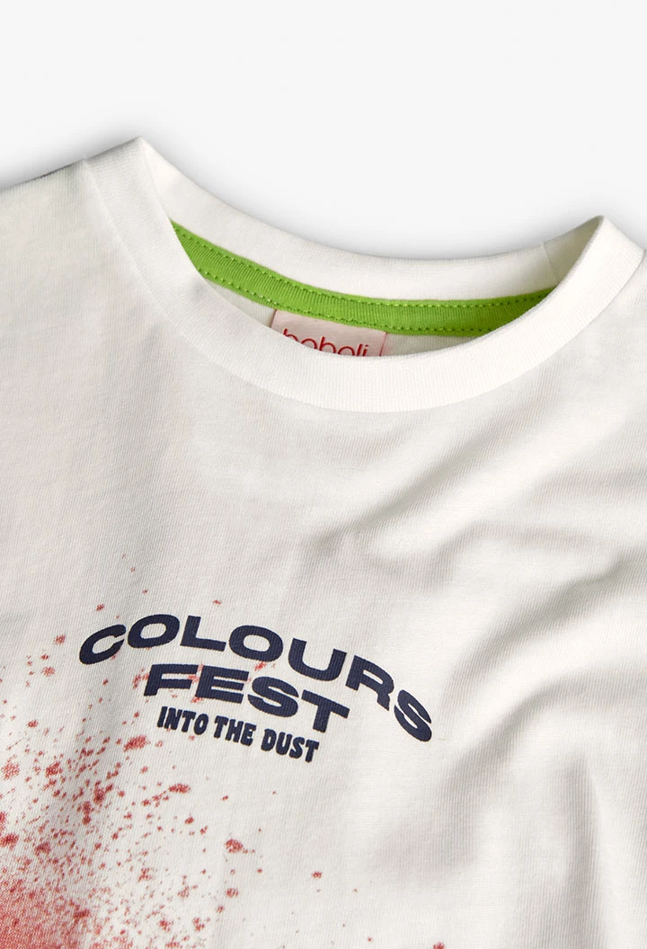 Maglietta a maglia per bambino in colore bianco con stampa a colori.