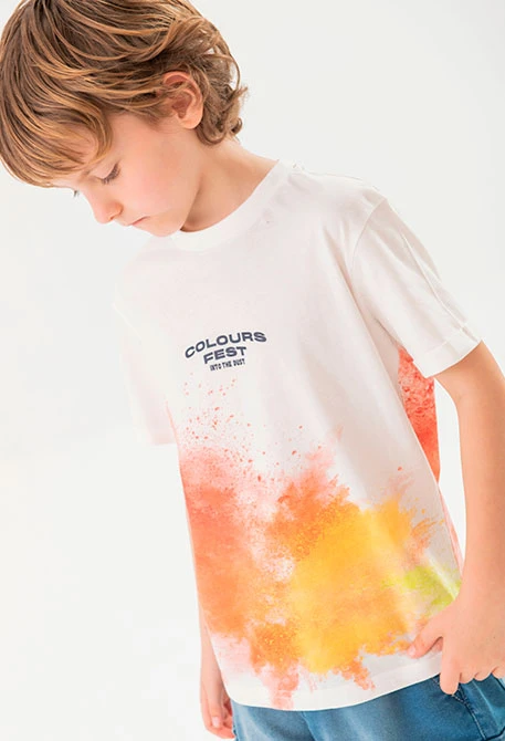 Maglietta a maglia per bambino in colore bianco con stampa a colori.