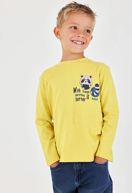 Camiseta punto niño verde estampado mapache