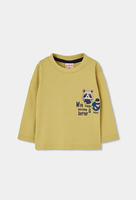 Camiseta punto niño verde estampado mapache