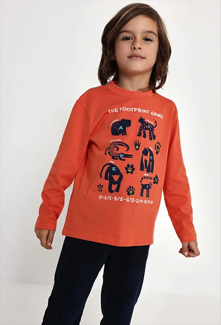 Camiseta de malha menino laranja estampado animais