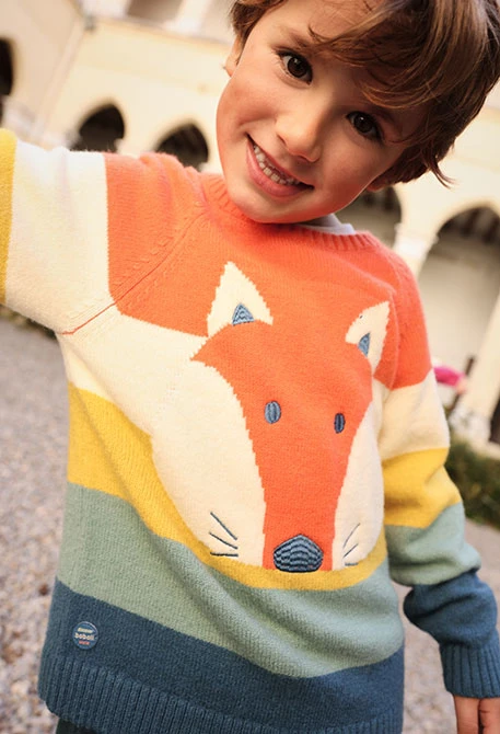 Camisola laranja bebé menino estampado raposa às riscas
