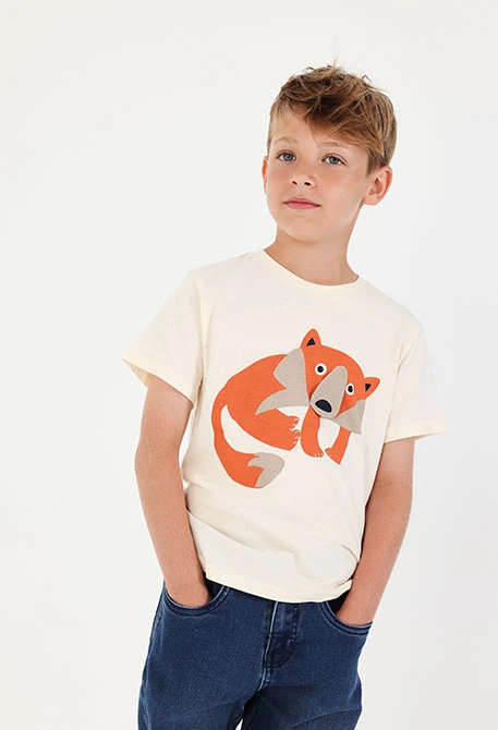 Fox print ecru knit T-shirt for boys