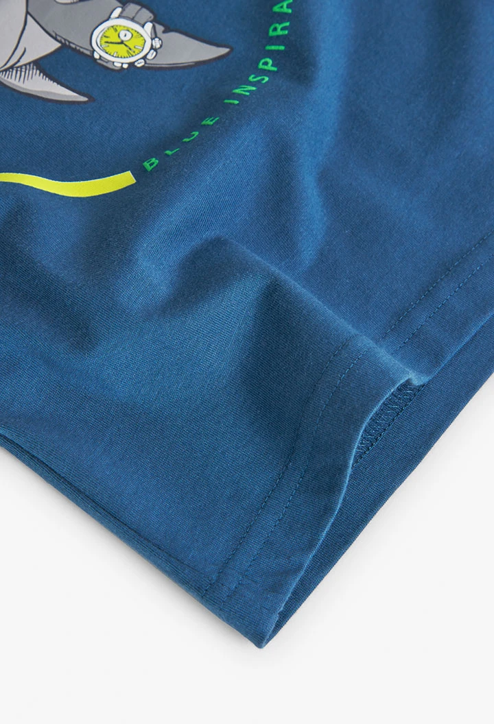 Conjunto menino, algodão, estampado, azul indigo, mangas