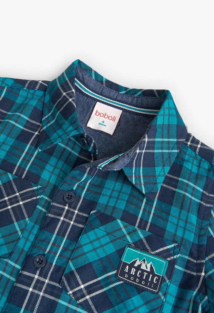 Camisa de algodón estampado de cuadros de niño en verde agua