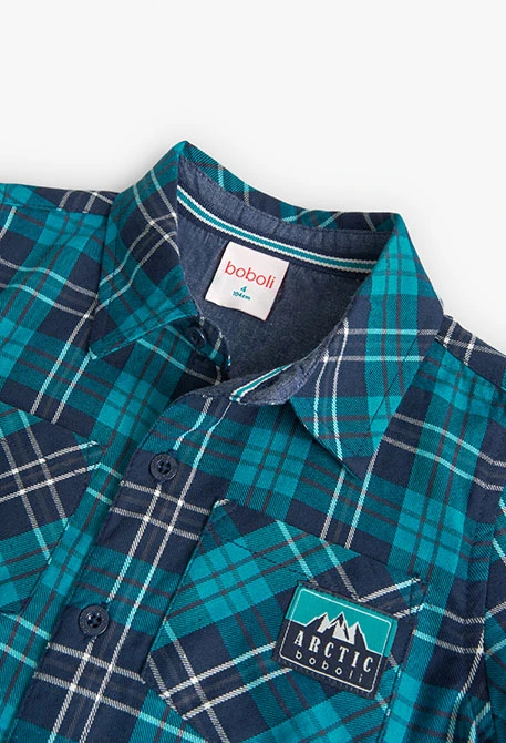 Camisa de algodão estampada com quadrados para menino em verde água