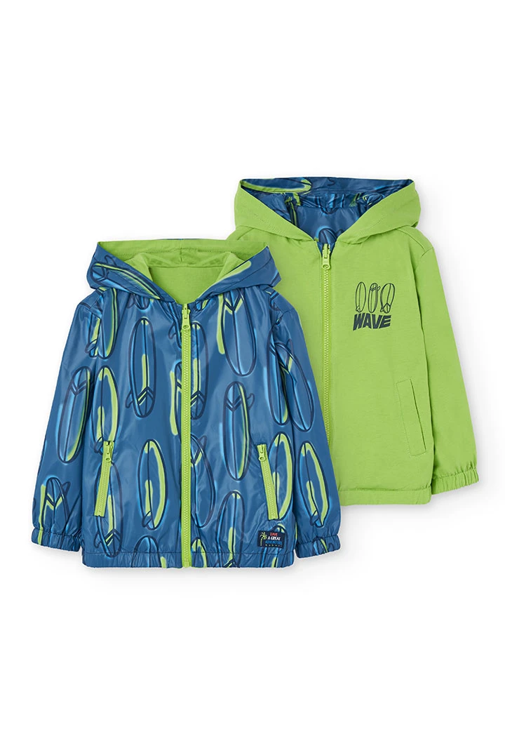 Parka reversibile a maglia per bambino con stampa in blu e verde