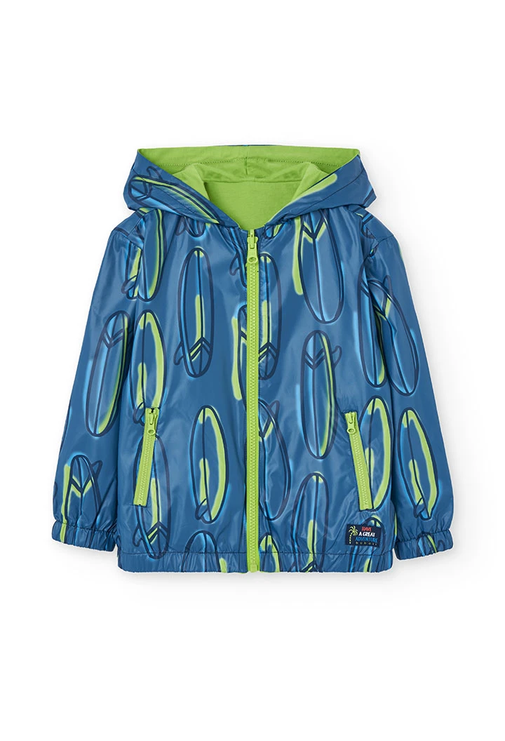 Parka reversibile a maglia per bambino con stampa in blu e verde