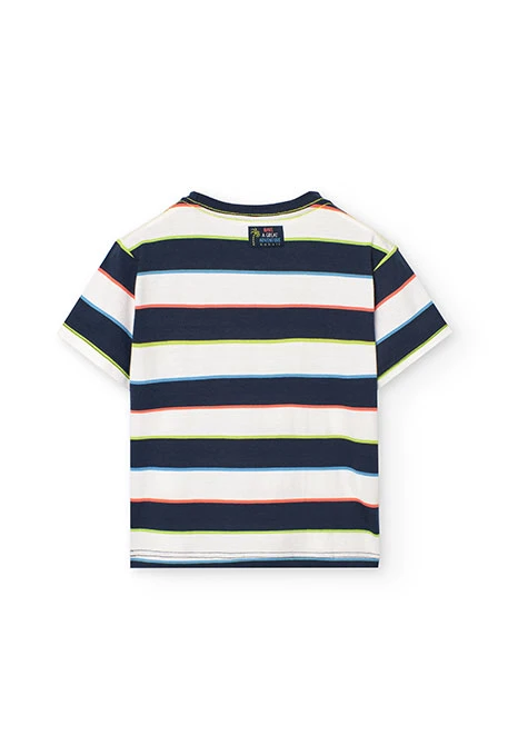 Maglietta a maglia per bambino con design a righe nei colori blu, verde e rosso.