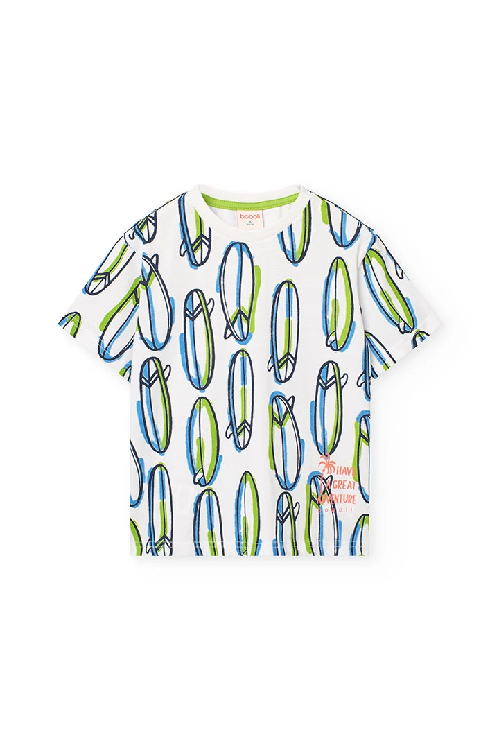T-shirt en maille pour garçon de couleur blanche avec un imprimé de surfeurs