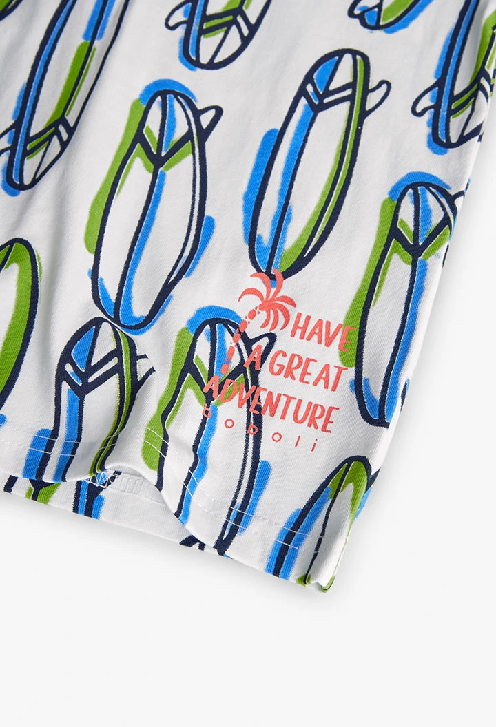T-shirt en maille pour garçon de couleur blanche avec un imprimé de surfeurs